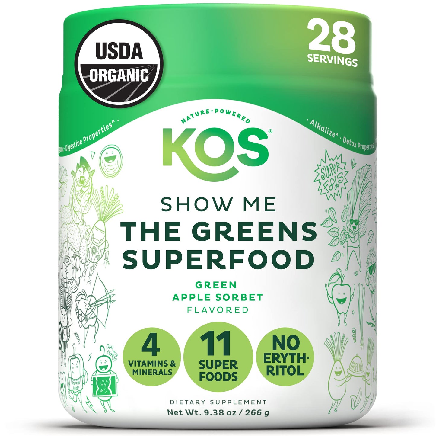 KOS Organic Super Greens Powder – Apple Flavor, Erythritol Free, 28 Servings