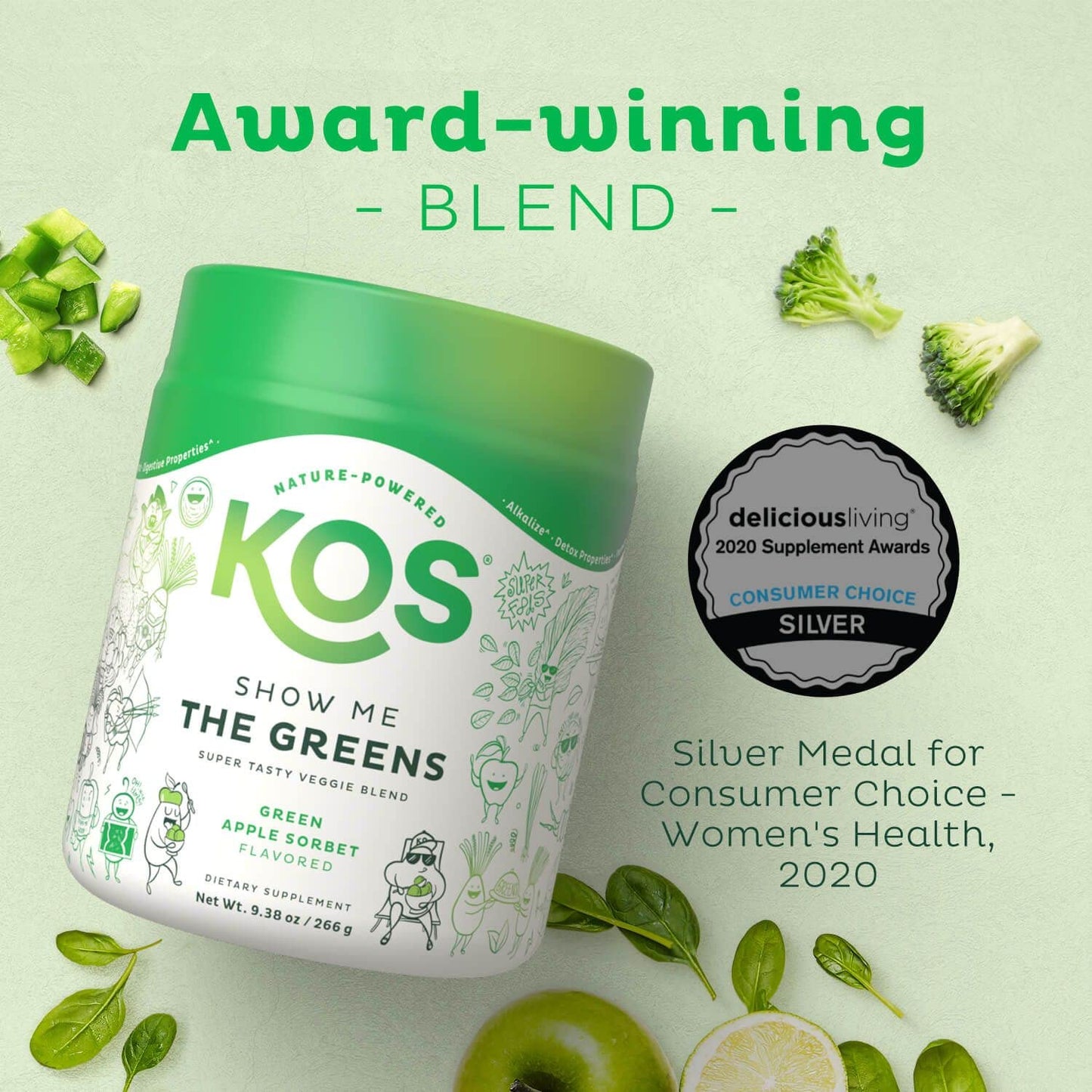 KOS Organic Super Greens Powder – Apple Flavor, Erythritol Free, 28 Servings