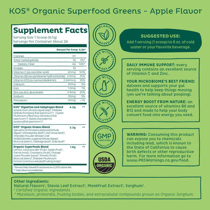 KOS Organic Super Greens Powder – Apple Flavor, Erythritol Free, 28 Servings