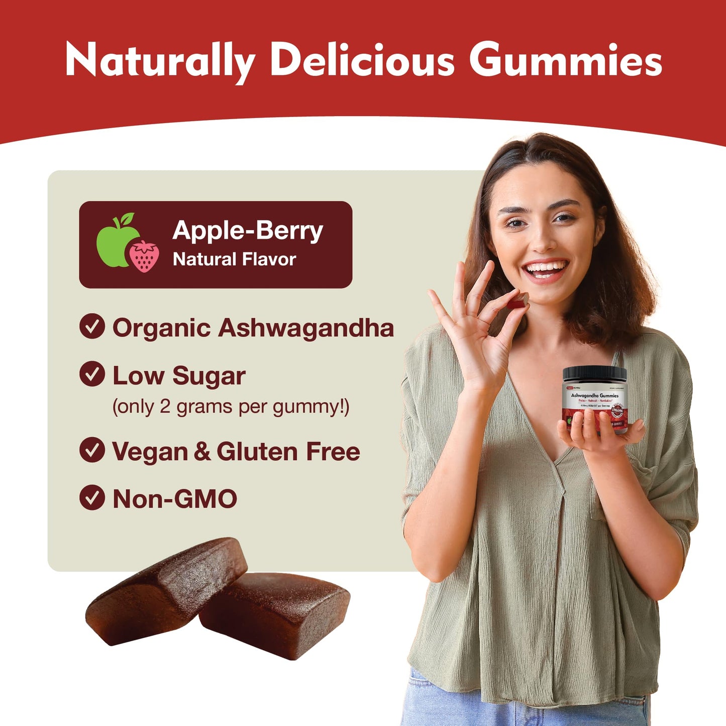 KSM-66 Ashwagandha Gummies – 600mg Organic Root Extract per Serving | Apple-Berry Flavor | Supports Relaxation, Focus & Energy (60 Gummies)