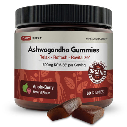 KSM-66 Ashwagandha Gummies – 600mg Organic Root Extract per Serving | Apple-Berry Flavor | Supports Relaxation, Focus & Energy (60 Gummies)