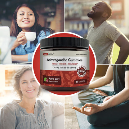 KSM-66 Ashwagandha Gummies – 600mg Organic Root Extract per Serving | Apple-Berry Flavor | Supports Relaxation, Focus & Energy (60 Gummies)
