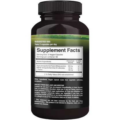SUPREME HERBALS Organic Ashwagandha Capsules 500 mg with KSM-66® & L-Theanine – 120 Veggie Capsules