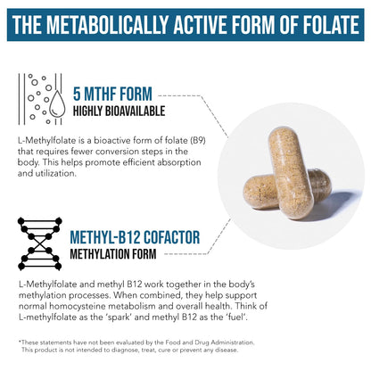 L-Methyl Folate 1000 mcg + Methyl B12 Cofactor – 5-MTHF (60 Servings)