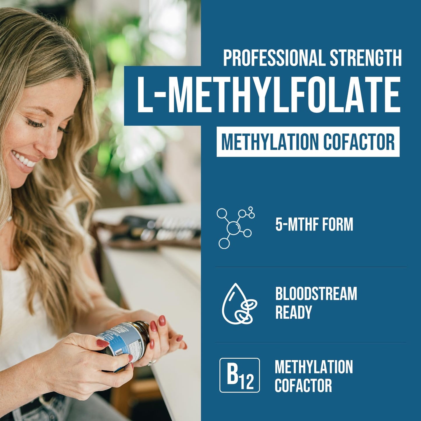 L-Methyl Folate 15mg + Methyl B12 Cofactor – High Potency, Bioactive 5-MTHF Form (60 Servings)