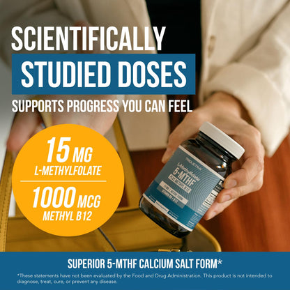 L-Methyl Folate 15mg + Methyl B12 Cofactor – High Potency, Bioactive 5-MTHF Form (60 Servings)