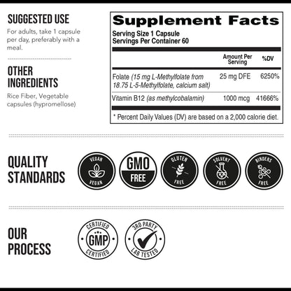 L-Methyl Folate 15mg + Methyl B12 Cofactor – High Potency, Bioactive 5-MTHF Form (60 Servings)