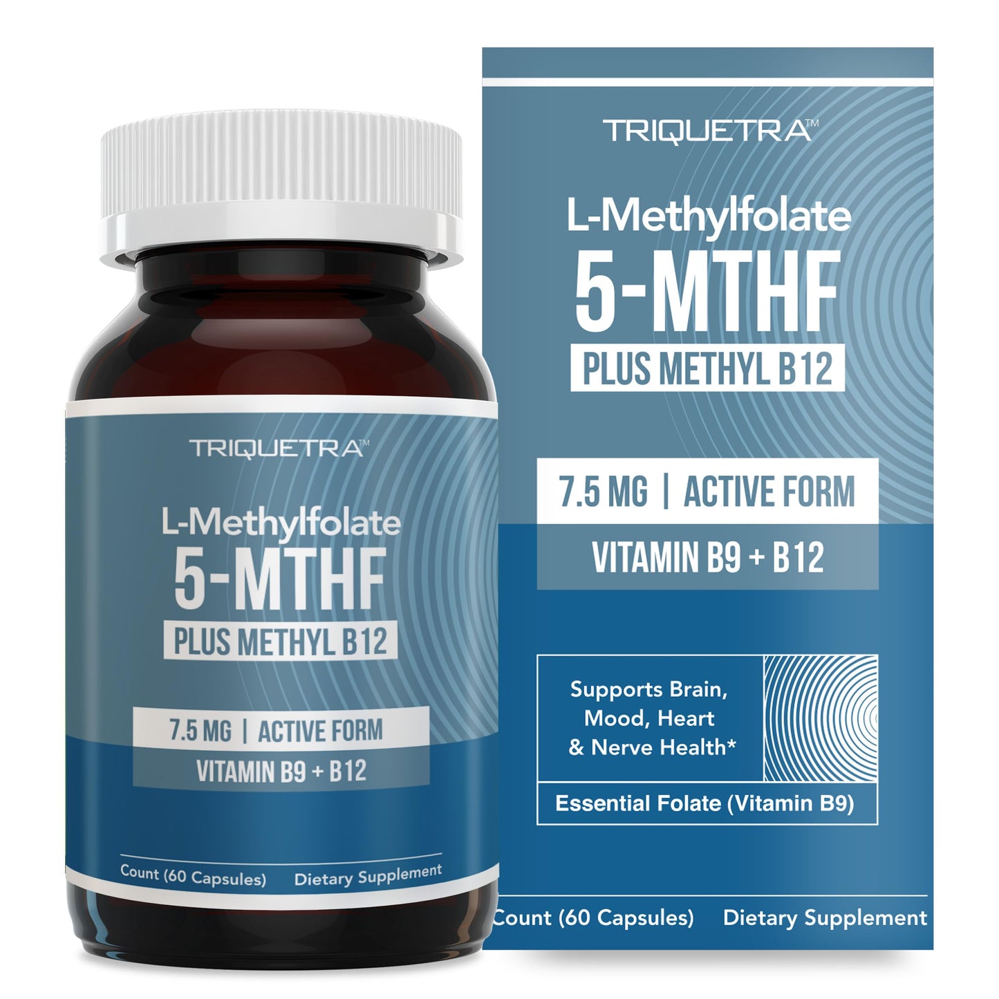 L Methylfolate 7.5mg + Methyl B12 (5-MTHF) - MTHFR Supplement - Bloodstream Ready Folate + B12 Cofactor - 60 Capsules