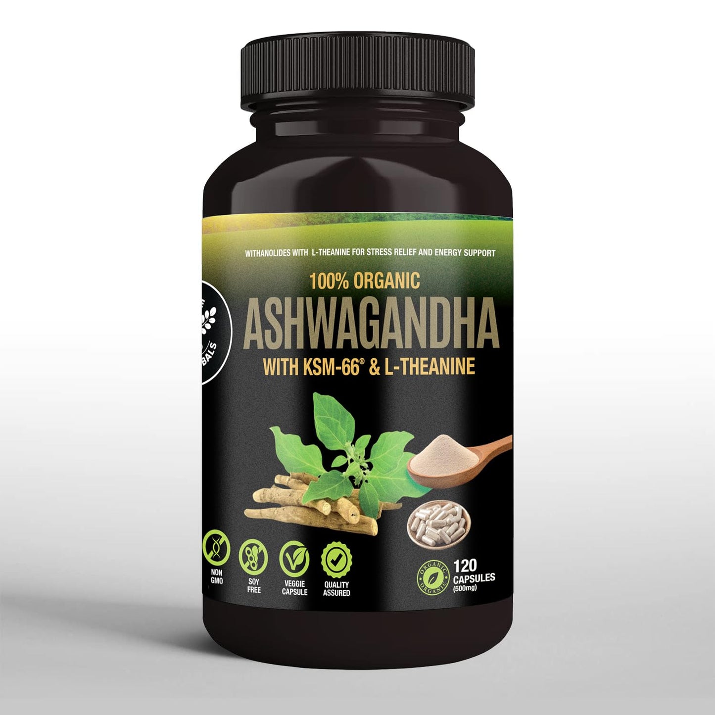 SUPREME HERBALS Organic Ashwagandha Capsules 500 mg with KSM-66® & L-Theanine – 120 Veggie Capsules
