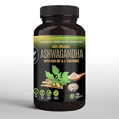 SUPREME HERBALS Organic Ashwagandha Capsules 500 mg with KSM-66® & L-Theanine – 120 Veggie Capsules