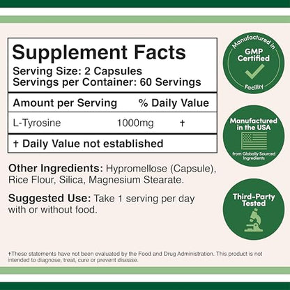 L-Tyrosine 1000mg per Serving – 120 Veggie Capsules (2-Pack) | Double Wood