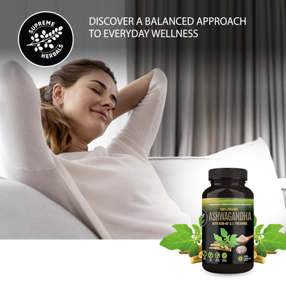SUPREME HERBALS Organic Ashwagandha Capsules 500 mg with KSM-66® & L-Theanine – 120 Veggie Capsules