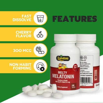 Landau Melty Melatonin 0.3mg (300 mcg) – Cherry, Fast-Dissolving Sleep Aid | 100 Tablets, Kosher, Made in USA