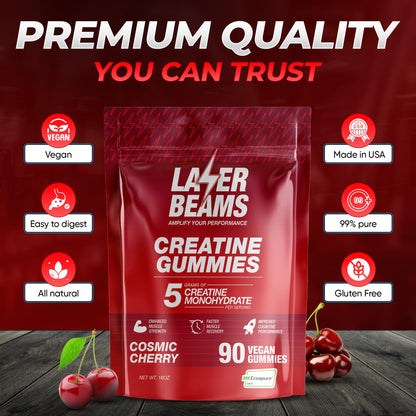 Laser Beams Creatine Monohydrate Gummies for Women & Men - 5g Creapure Creatine per Serving - Vegan, Cosmic Cherry Flavor - Boost Muscle Strength, Endurance, Recovery & Mental Focus (90 Gummies)