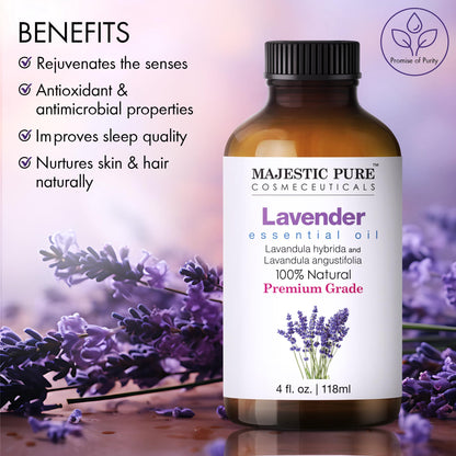 Majestic Pure Lavender Essential Oil (4 Oz x 2) – 100% Pure & Natural with Glass Dropper