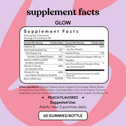 Lemme Glow Collagen Gummies – Thick Hair, Strong Nails & Healthy Skin | Biotin, Multi-Collagen, Zinc, Vitamins A/C/E | Peach Flavor 60 ct