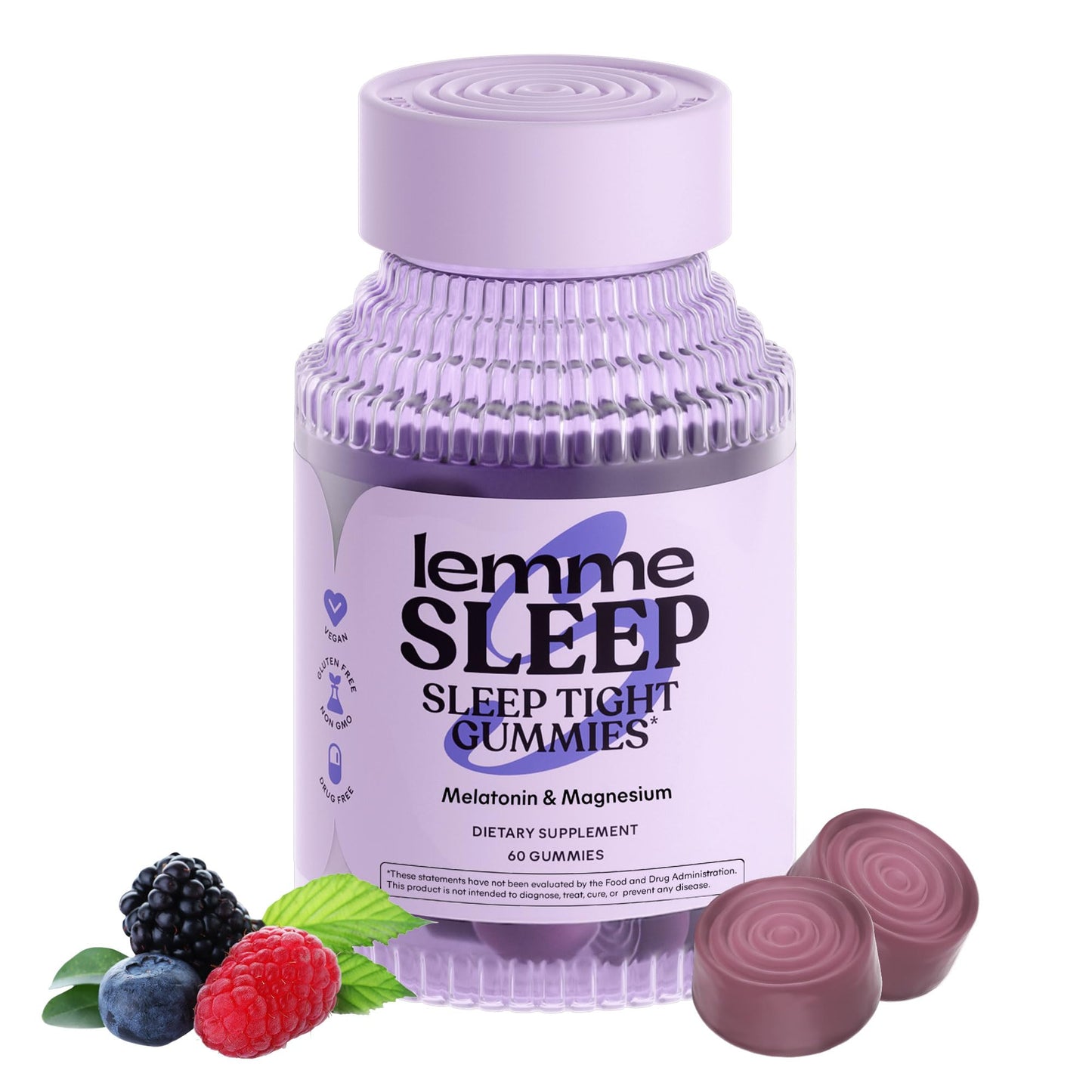 Lemme Sleep Gummies – 5mg Melatonin, Magnesium, L-Theanine, Chamomile & Lavender (60 Count) – Berry