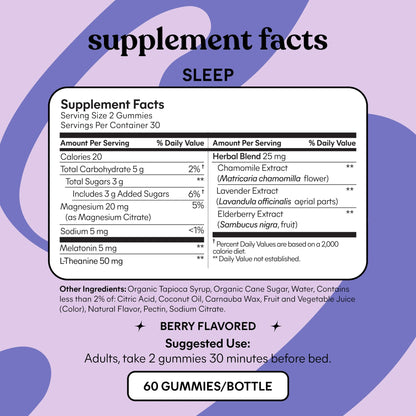 Lemme Sleep Gummies – 5mg Melatonin, Magnesium, L-Theanine, Chamomile & Lavender (60 Count) – Berry