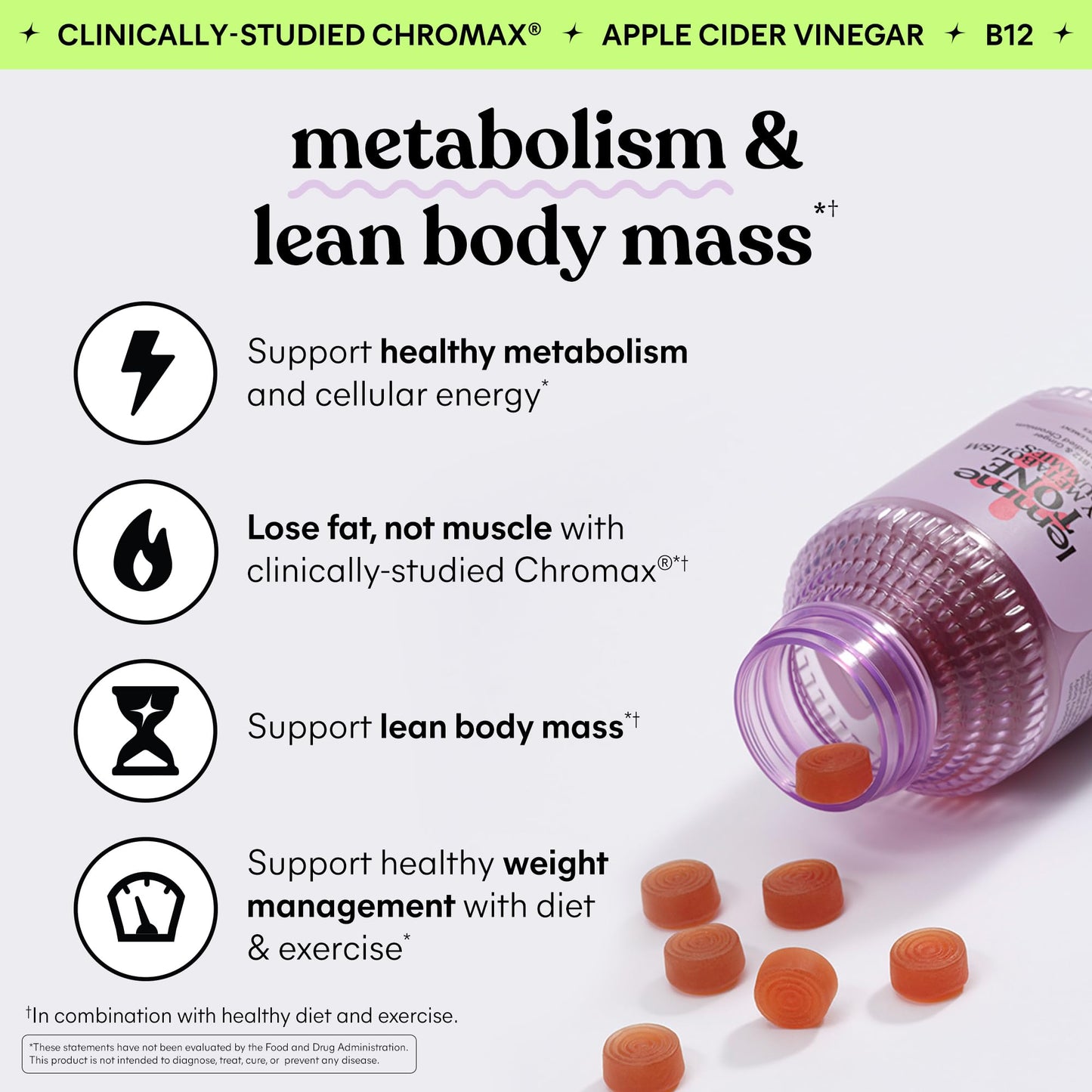 Lemme Tone Metabolism Gummies – Apple Cider Vinegar, Chromium Picolinate, B12, Ginger | Watermelon Apple Flavor (30-Day Supply)