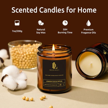Lemon Eucalyptus Soy Candles 7oz • 50-Hour Burn Time • Home Scent & Gift