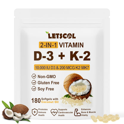 LETSCOL 2-in-1 Vitamin D3 K2 Softgel – 10,000 IU D3 + 200 mcg K2 MK7