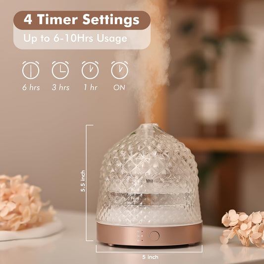 200ml Glass Reservoir Essential Oil Diffuser - Ultrasonic Aromatherapy, 4 Timer, Auto-Off