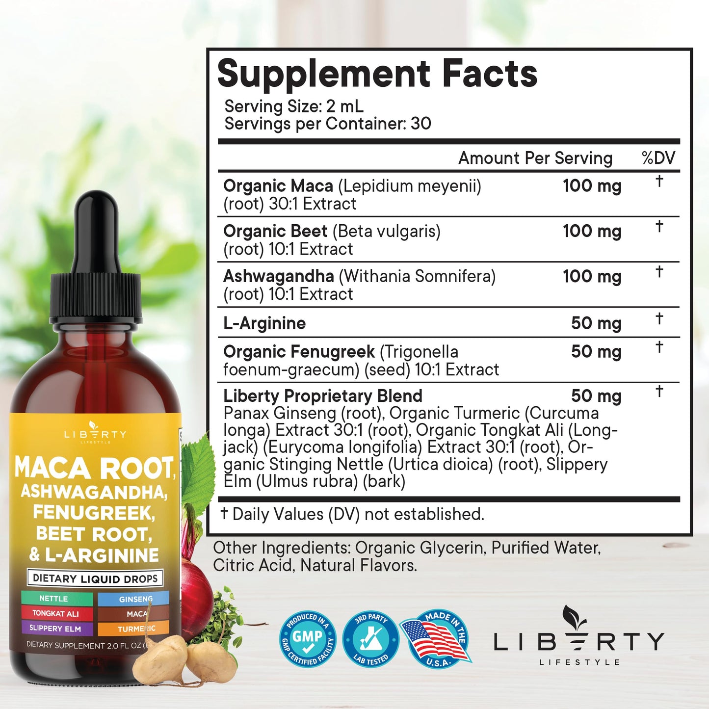 Liberty Lifestyle Organic Maca Root Liquid Drops – 4oz (Ashwagandha, Nettle, L-Arginine)
