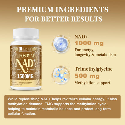 LIGUSTERI 1500 mg Liposomal NAD+ with TMG | NAD+ Supplement for 98%+ Absorption, Energy, Longevity & Aging Defense - 240 Softgels