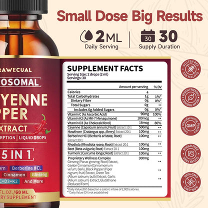 15-in-1 Liposomal Cayenne Pepper Drops with Vitamin D3 & K2 – Circulation & Digestion Support, 2 oz