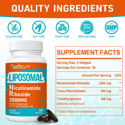 2000 mg Nicotinamide Riboside NMNH Supplement Alternative – Liposomal NAD+ with TMG & Pterostilbene | 60 Softgels