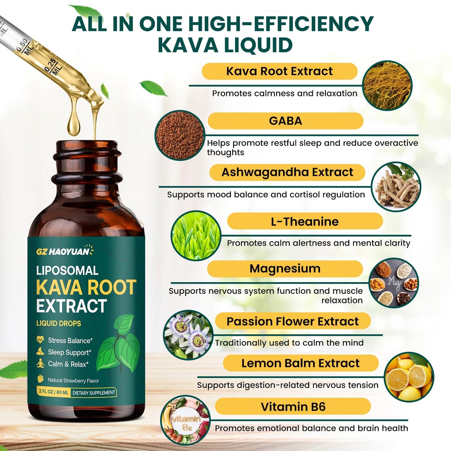 Liposomal Kava Kava Root Extract – High-Absorption Relaxation Drops | Vegan & Non-GMO, Strawberry Flavor