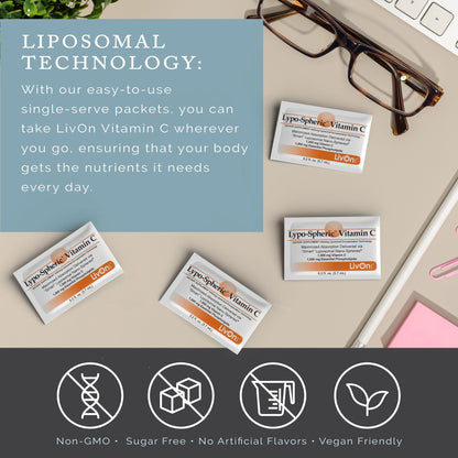 LivOn Laboratories Lypo–Spheric Vitamin C – 6 Cartons (180 Packets) – 1,000 mg Vitamin C & 1,000 mg Essential Phospholipids Per Packet – Liposome Encapsulated for Improved Absorption – 100% Non–GMO