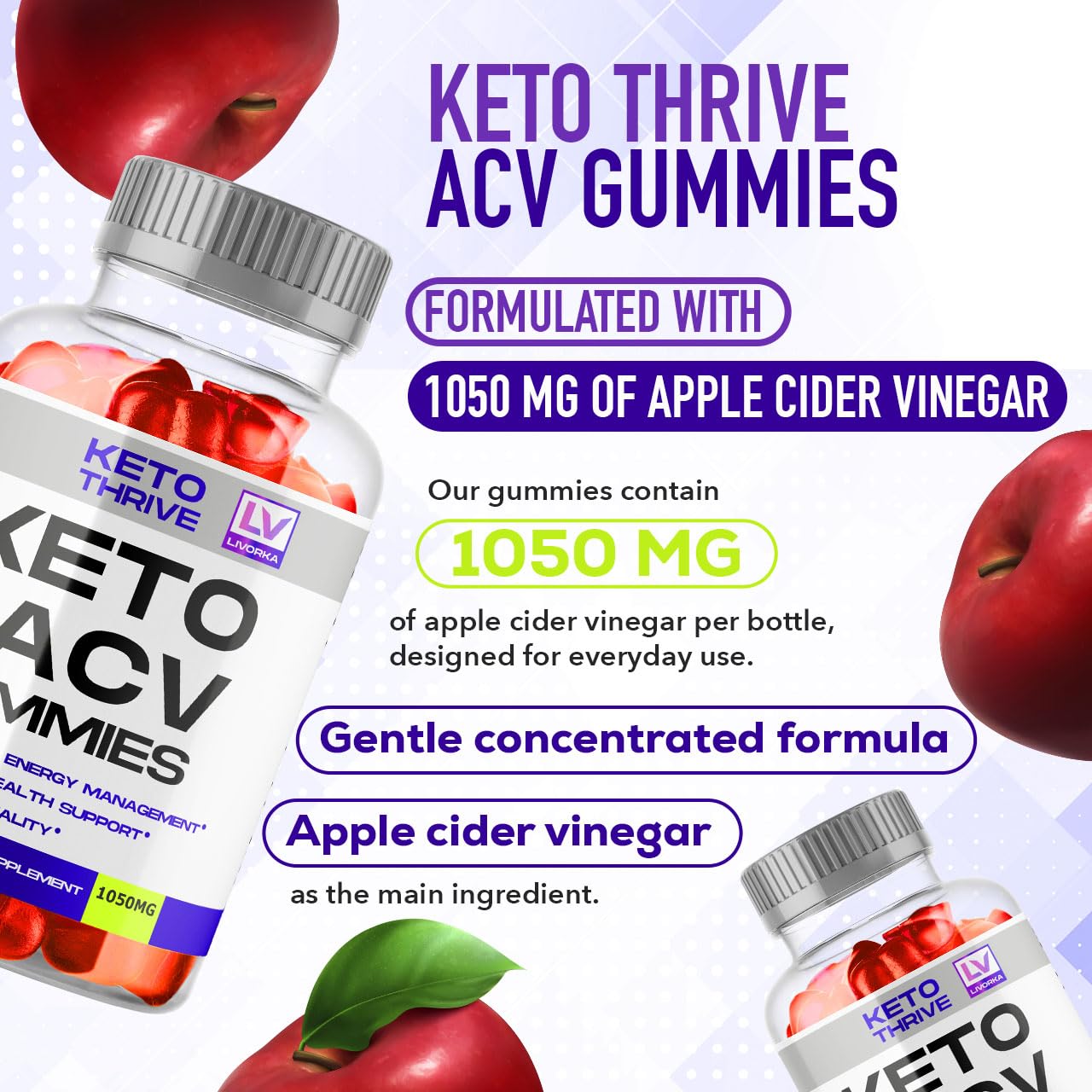 LIVORKA 3 Pack: Keto Thrive ACV Gummies – 60 Gummies per Bottle for 90 Days