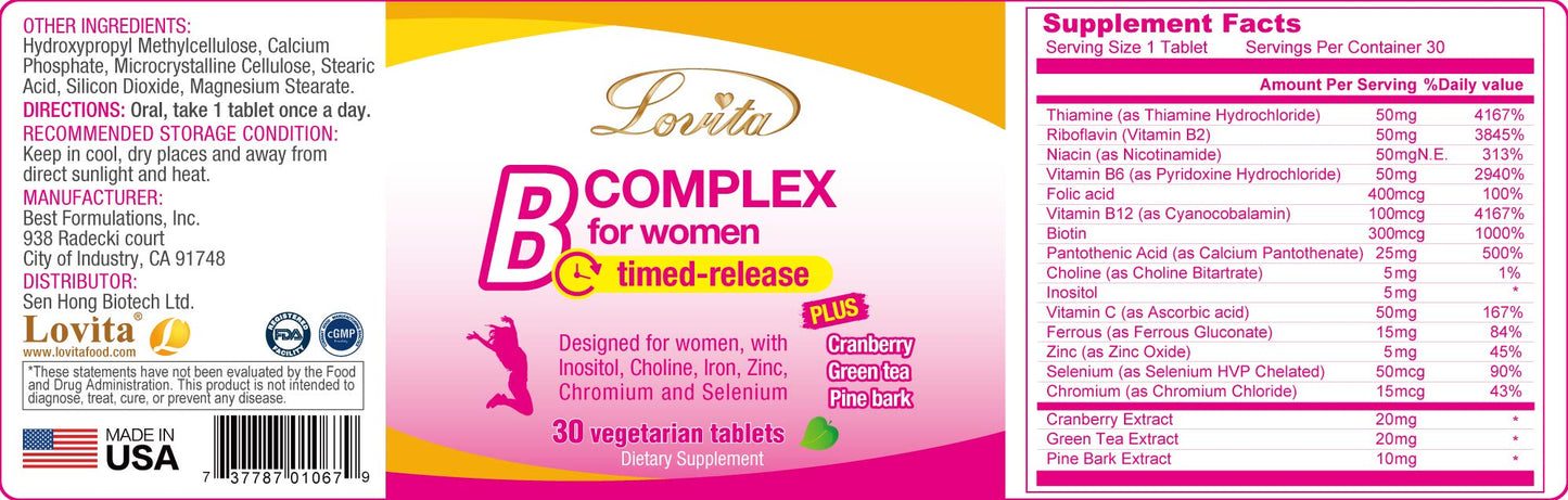 Lovita Vitamin B Complex for Women – Timed Release, 30 Veg Tablets (Pack of 3)
