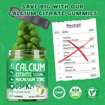 (2 Pack) Calcium Citrate 1200 mg Gummies with Vitamin D3 – Bone & Teeth Support (60 Day Vegan)