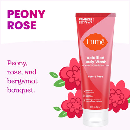 Lume Acidified Body Wash – 24 Hour Odor Control | Peony Rose | Pack of 2 (8.5 oz)