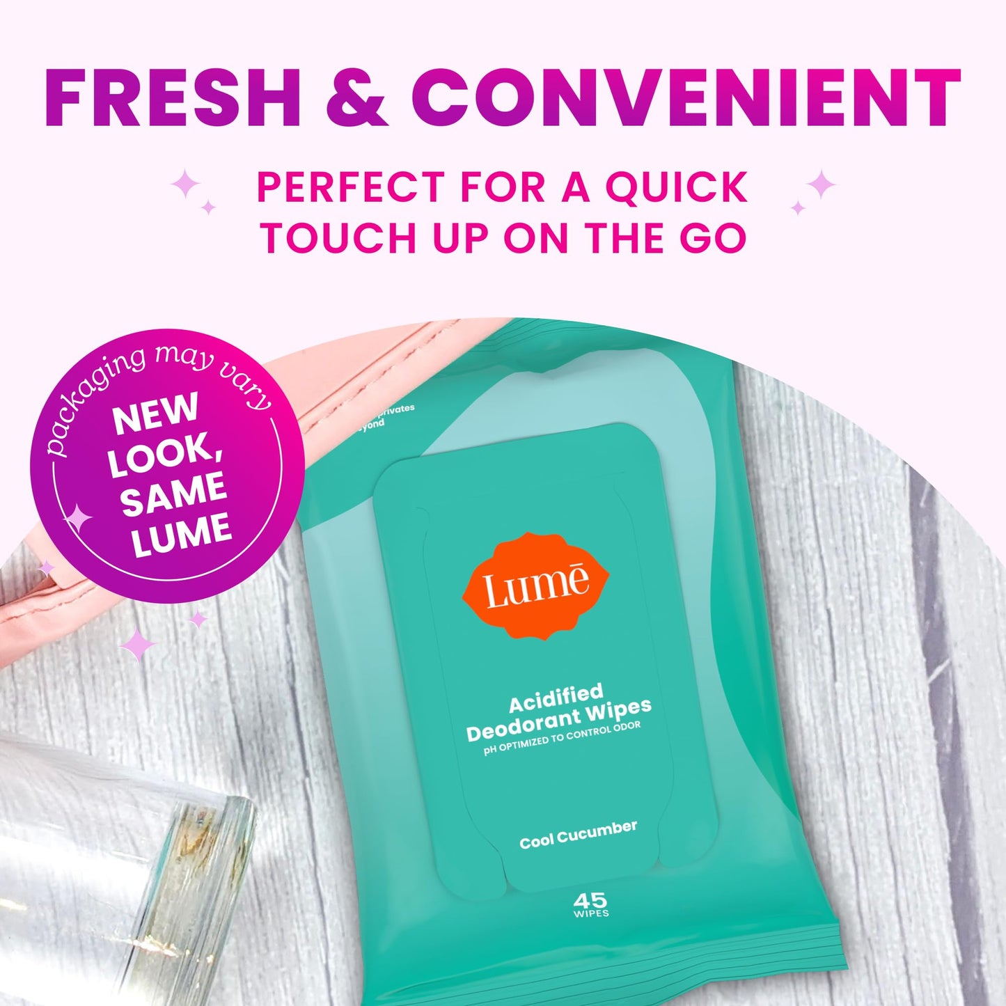 Lume Acidified Deodorant Wipes - 24-Hour Odor Control, Aluminum Free, Cool Cucumber (2-Pack, 45 Count)