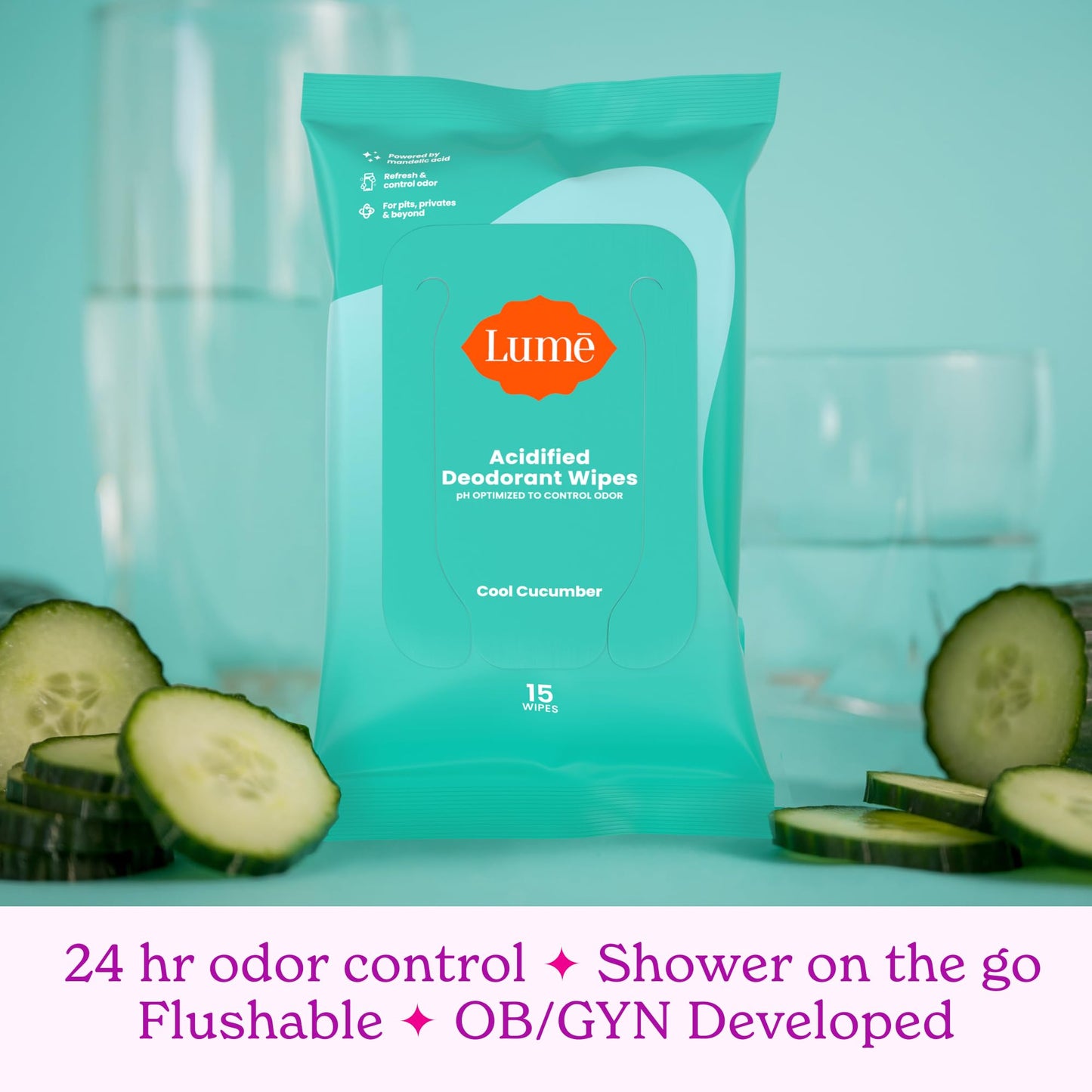 Lume Acidified Deodorant Wipes - 24-Hour Odor Control, Aluminum Free, Cool Cucumber (Pack of 3)