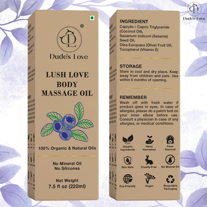 Lush Love Body Massage Oil – 100% Organic & Natural Oils | No Mineral Oil or Silicones | Non-Greasy Formula – 222ml