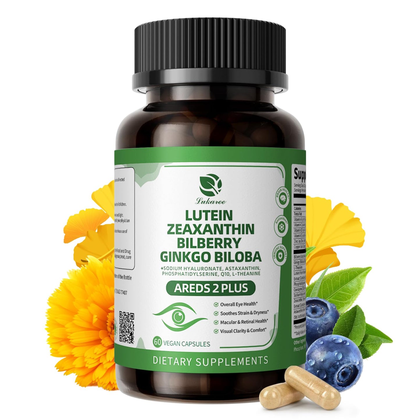 Lutein & Zeaxanthin AREDS 2 Eye Vitamins - Bilberry, Astaxanthin & Ginkgo - 60 Capsules