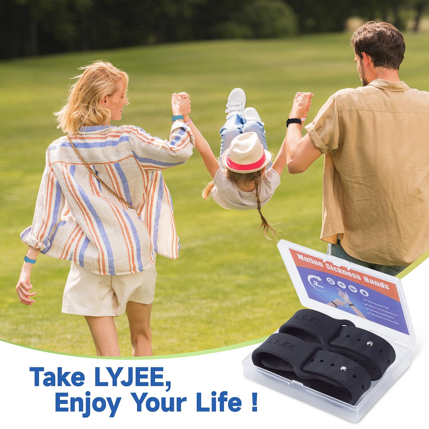 LYJEE Motion Sickness Bands - Adjustable Acupressure Nausea Wristbands (Black & Blue)