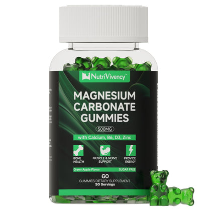 Magnesium Carbonate Gummies 500mg – Vegan, Sugar Free, Green Apple Flavor | Calcium, B6, D3 & Zinc | 30 Servings