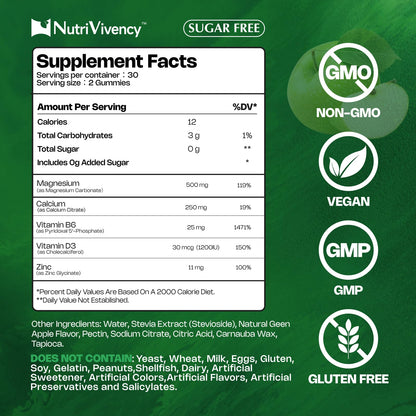 Magnesium Carbonate Gummies 500mg – Vegan, Sugar Free, Green Apple Flavor | Calcium, B6, D3 & Zinc | 30 Servings