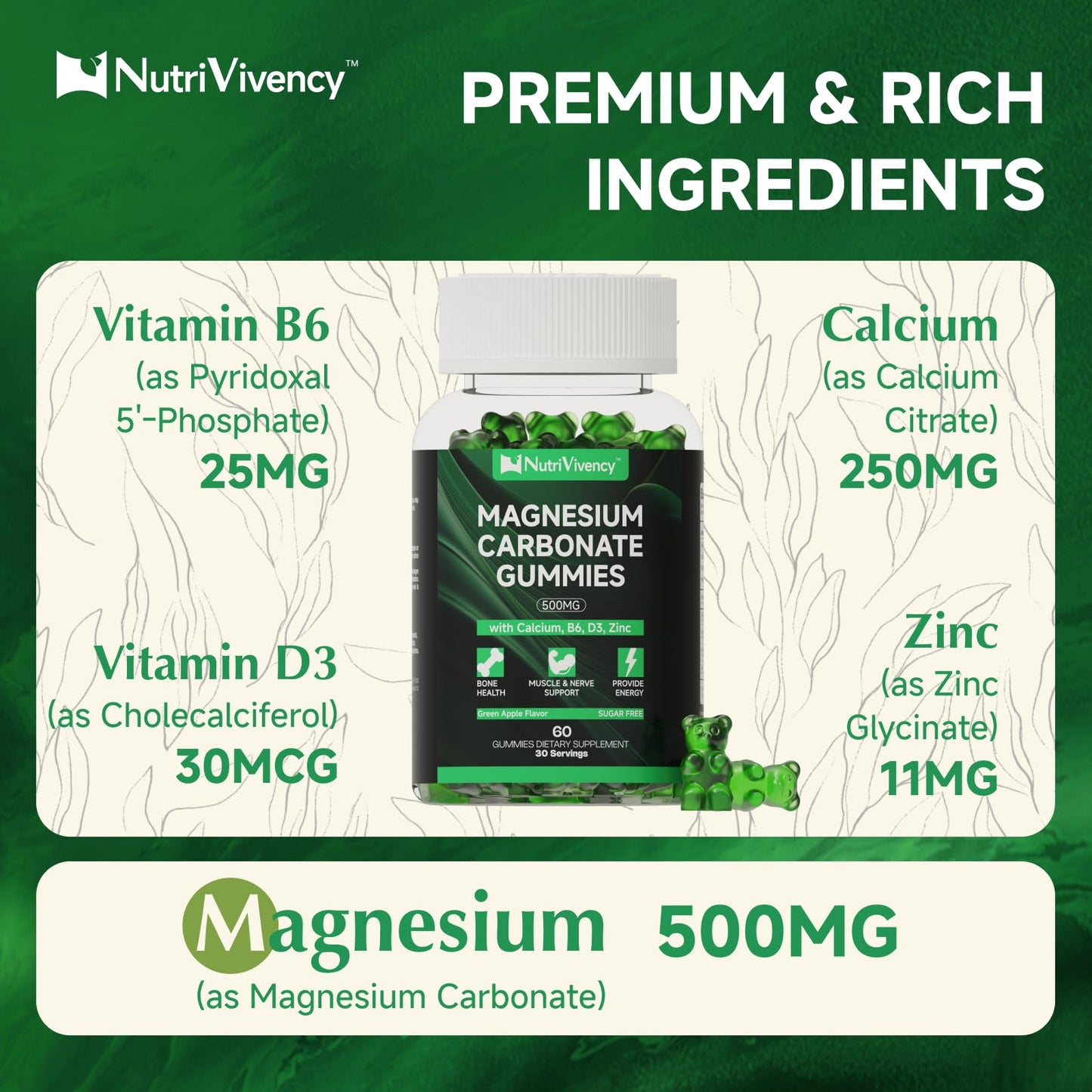 Magnesium Carbonate Gummies 500mg – Vegan, Sugar Free, Green Apple Flavor | Calcium, B6, D3 & Zinc | 30 Servings