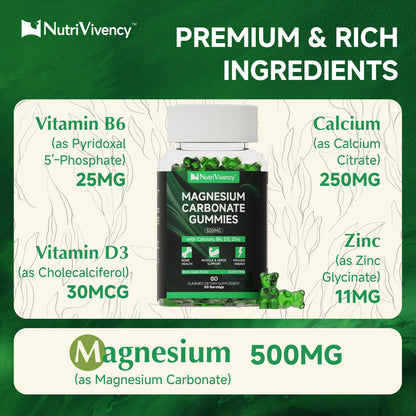 Magnesium Carbonate Gummies 500mg – Vegan, Sugar Free, Green Apple Flavor | Calcium, B6, D3 & Zinc | 30 Servings