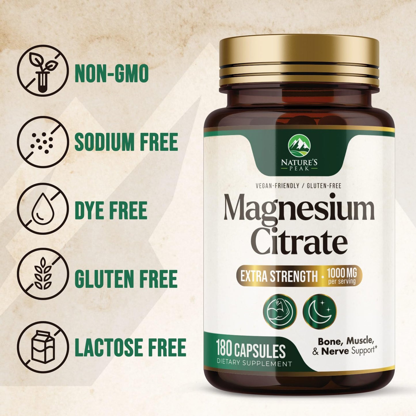 Magnesium Citrate 1000mg – High Absorption Magnesium Supplement (180 Capsules) – Non-GMO