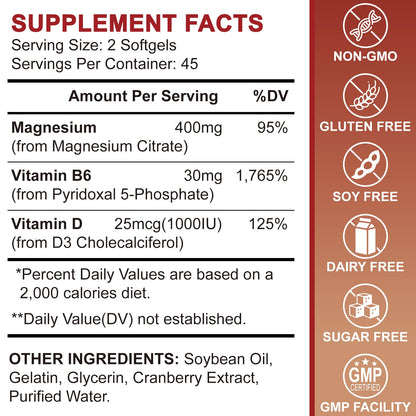 Magnesium Citrate 400mg with Vitamin D3, B6 & Cranberry – 180-Count, 90 Days Supply