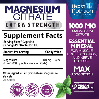 Magnesium Citrate Capsules 1000mg – Max Absorption for Muscle, Nerve, Bone & Heart Health | Gluten Free, Non-GMO | 120 Capsules