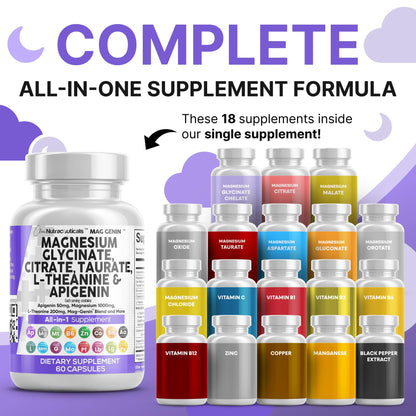 Magnesium Glycinate Complex 1000mg with L-Theanine & Apigenin – 60 Count | Clean Nutraceuticals