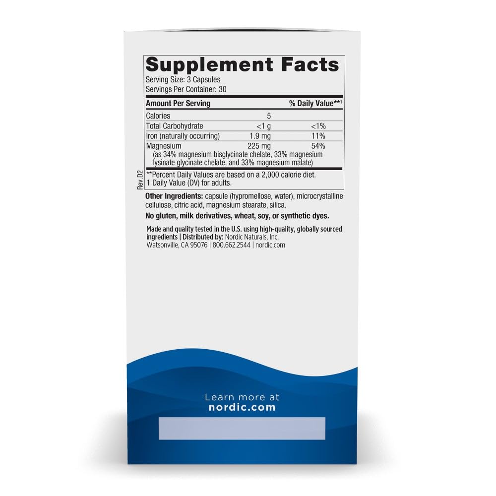 Nordic Naturals Magnesium Complex - 90 Capsules | 225 mg Magnesium, 1.9 mg Iron | Vegan & Non-GMO